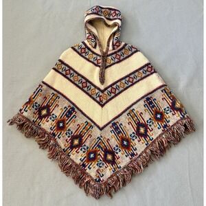 VTG 70s Sabra Wool Hooded Poncho Cape Nordic Fair Isle Fringe Boho Folk Sweater